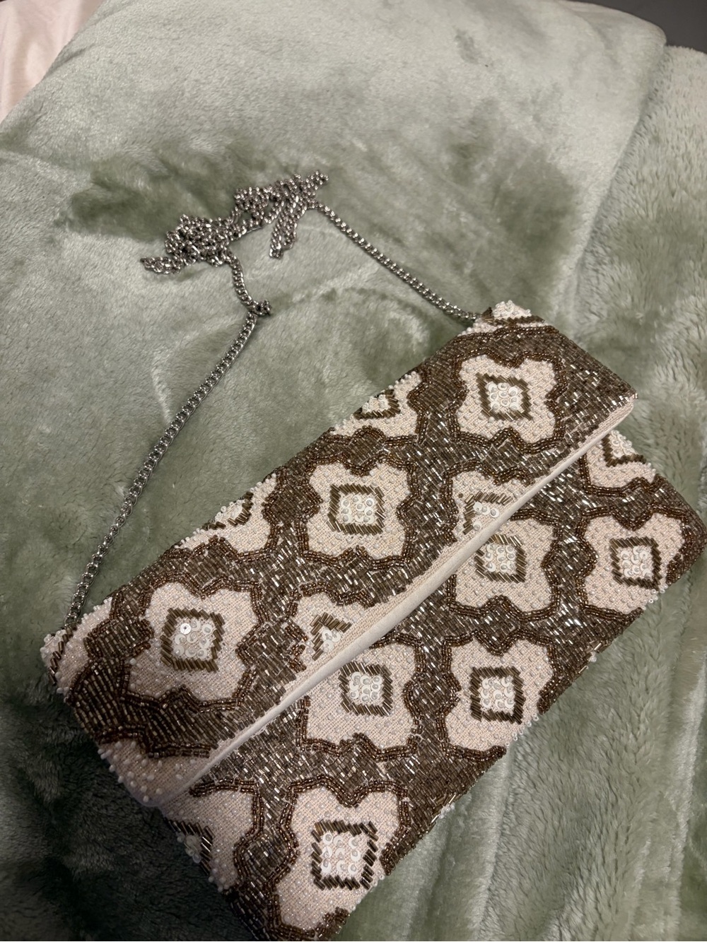 Francesca’s Beaded Floral Pattern Evening Clutch in Ivory and Bronze